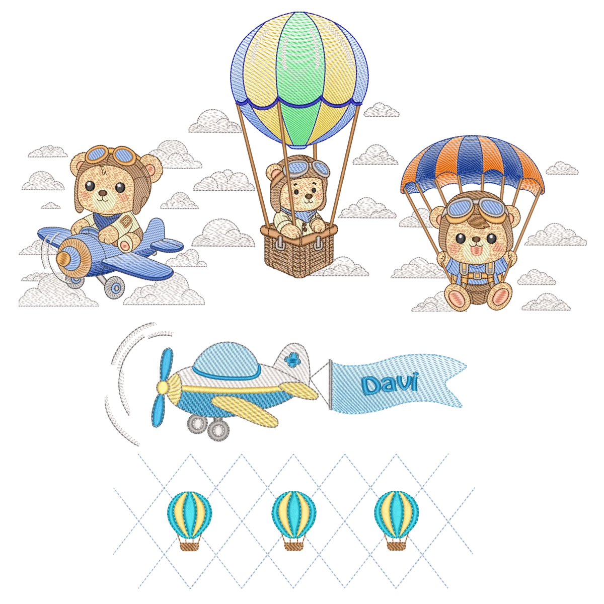 Foto principal da Coleção Pacote de Matrizes Ursinho Aviador - 5 Matrizes Pontos Leves - Combo Completo